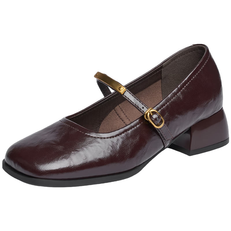 Josiny Mary Jane Flats for Women, Spring And Summer 2025 New Style, Flat Leather Shoes for Commuting, Shallow Mouth Flats, Wine Red, Size 38