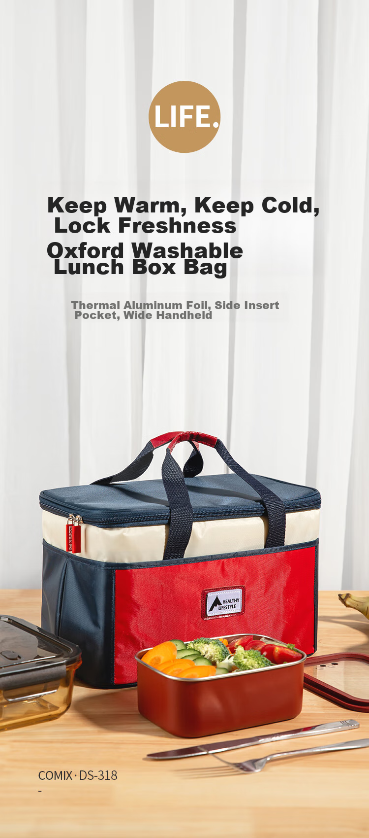 COMIX Zipper Bag, Portable Insulated Lunch Box Bag, Thickened Aluminum Foil Waterproof Lunch Bag, Office Worker Bento Bag, Handbag, Red And Blue Color Contrast DS-318 1