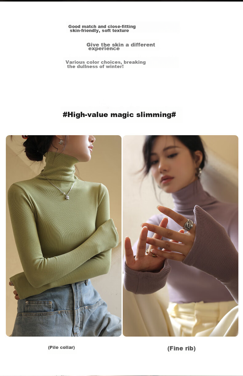 LangSha, De Rong Base Shirt, Ruched Turtleneck, Striped Inner Layer, Long-Sleeve Solid Color Autumn Shirt, Slim-Fit High-Elastic Base Underwear for Wome 2
