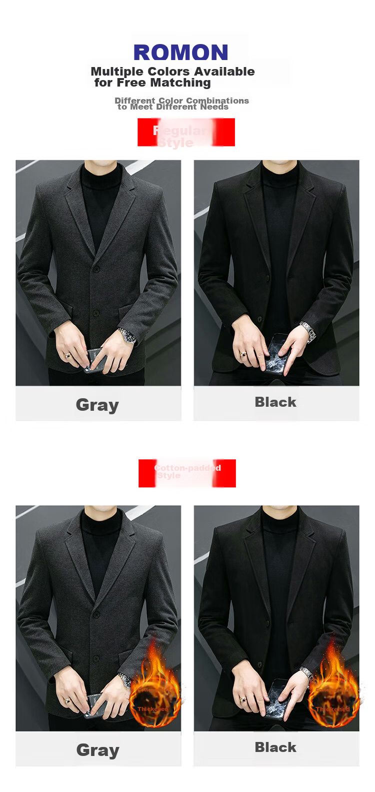 ROMON Men's Suit, Spring And Autumn Woolen Blazer, Business Casual Outerwear Jacket for Me 11