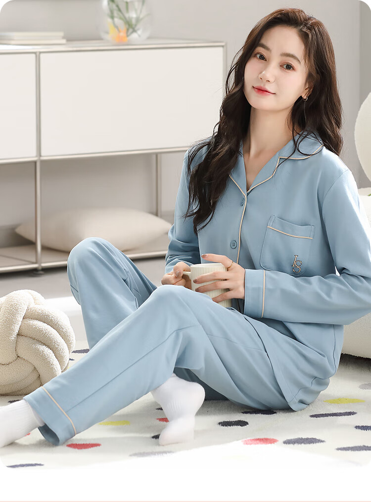 Langsha Women's Sleepwear (Antibacterial + Pure Cotton) Spring and Autumn Long Sleeve Long Pants Two-Piece Homewear Plus Size Winter Set 3