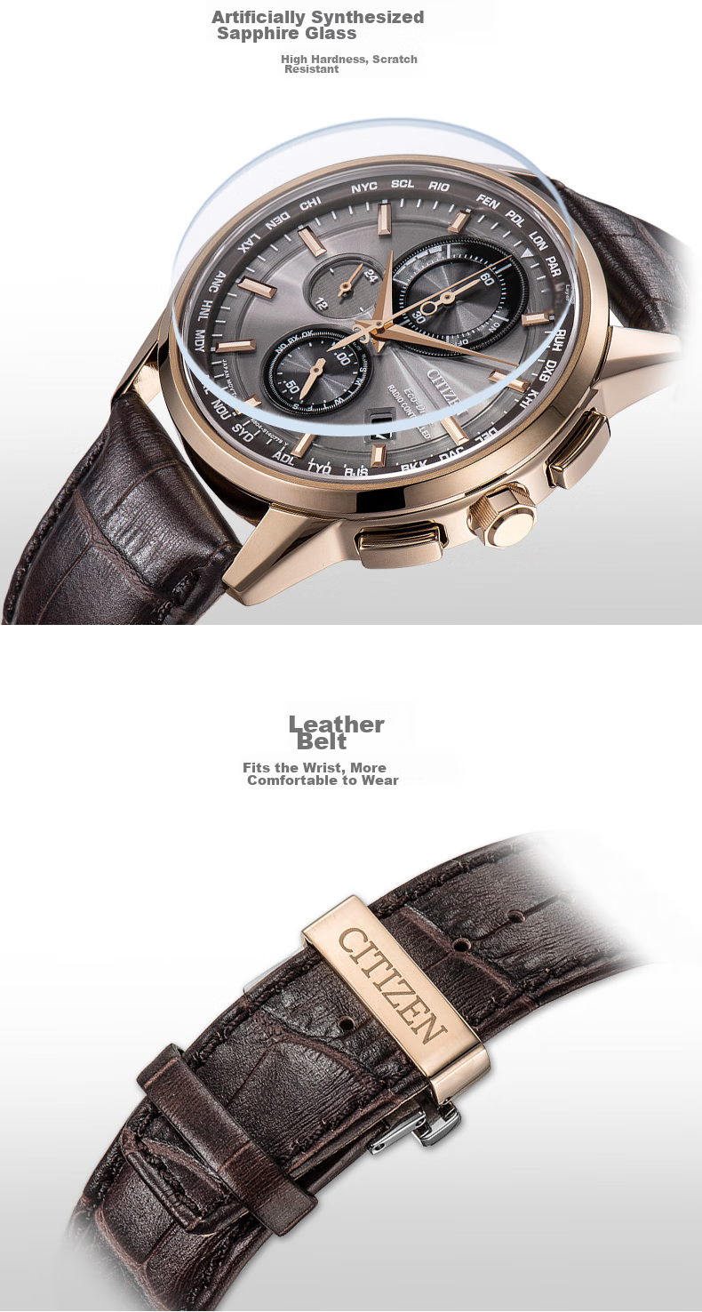 CITIZEN Watch for Men, Japanese And Korean Style, Eco-Drive, Radio-Controlled, Three-Dial Display, Leather Strap, Business Style, Gift for Boyfriend, AT8113-12H 7
