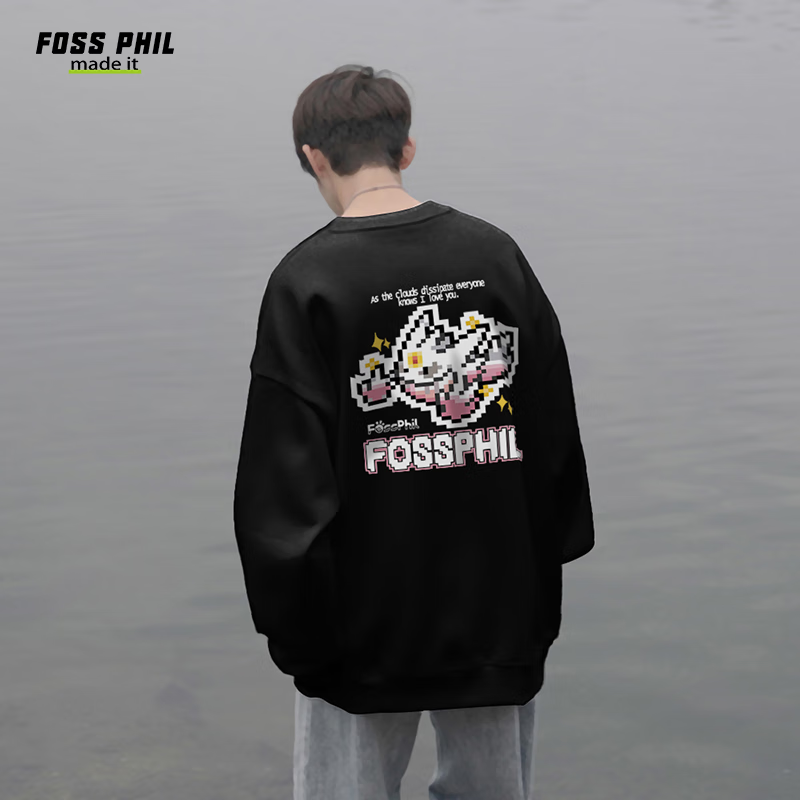 Foss Phil Men's Sweatshirt, Autumn And Winter Trendy Cartoon Print, Loose Casual Round Neck Base T-Shirt Top, FPW5 Black M