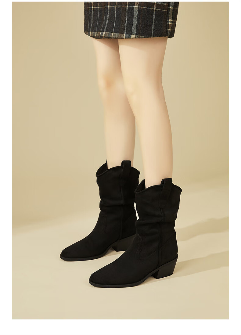 DAPHNE Pointed Toe Western Boots for Women with Fleece Lining, Chunky Heel, Versatile Retro Mid-Calf Boots, Khaki with Fleece Lining, Size 35 4