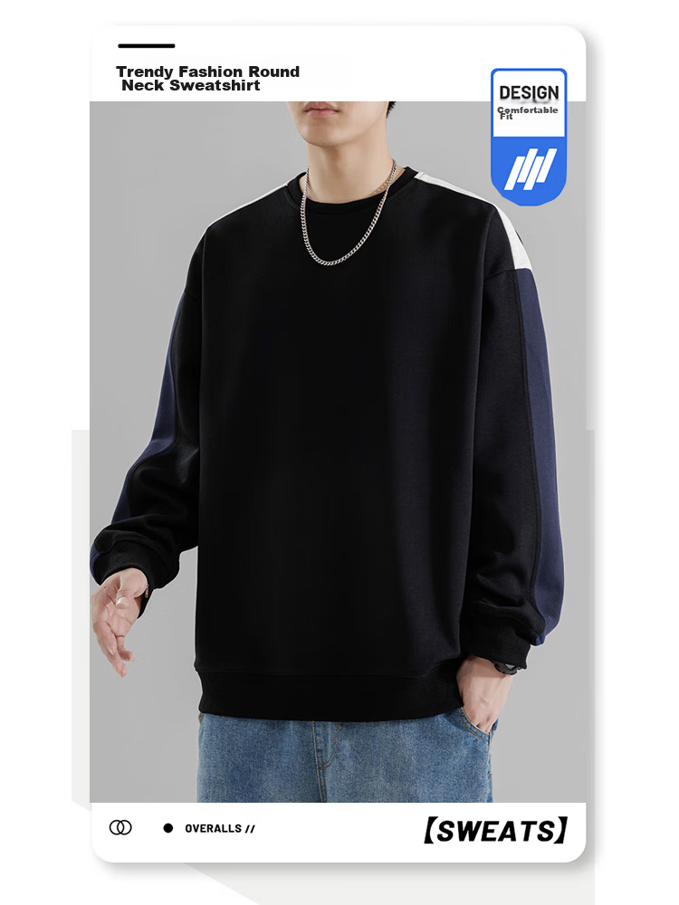 Foss Phil Crew Neck Sweatshirt for Men, Spring And Autumn Loose Casual Patchwork Color-Block Trendy T-Shirt Top 8883 Black M 1