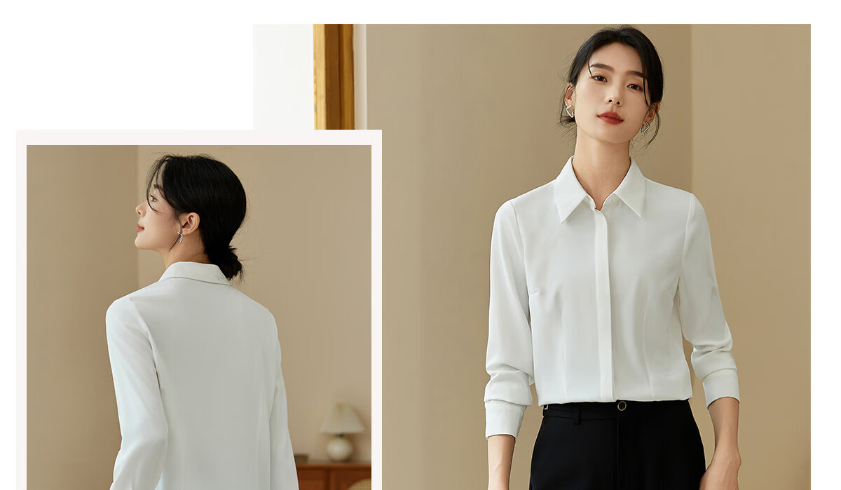 Chushen Spring And Autumn Long-Sleeve Shirt for Women, V-Neck Collar, Casual Versatile Commuter Professional White Blouse S143C2049 M Size 22