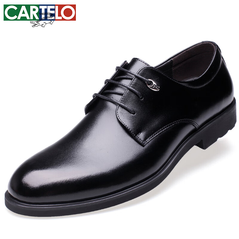 CARTELO British Leather Business Formal Casual Men's Low-Top Lace-Up Leather Shoes, Black, Size 40