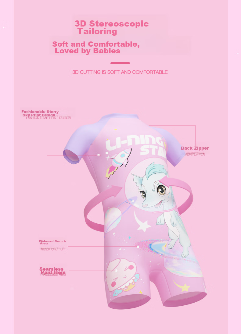 Li-Ning Children's Swimsuit, Girls' One-Piece Cartoon Print, Breathable Quick-Dry Swimwear, Hot Spring Bathing Suit, 906 Pink, Size 130 5