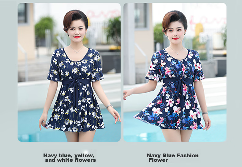 F.DYRAA Women's Swimsuit, Hot Spring Slimming Dress, Breathable Middle-Aged And Elderly Mom Swimwear Three-Piece Set 11703 Deep Blue Yellow Flower XL 6