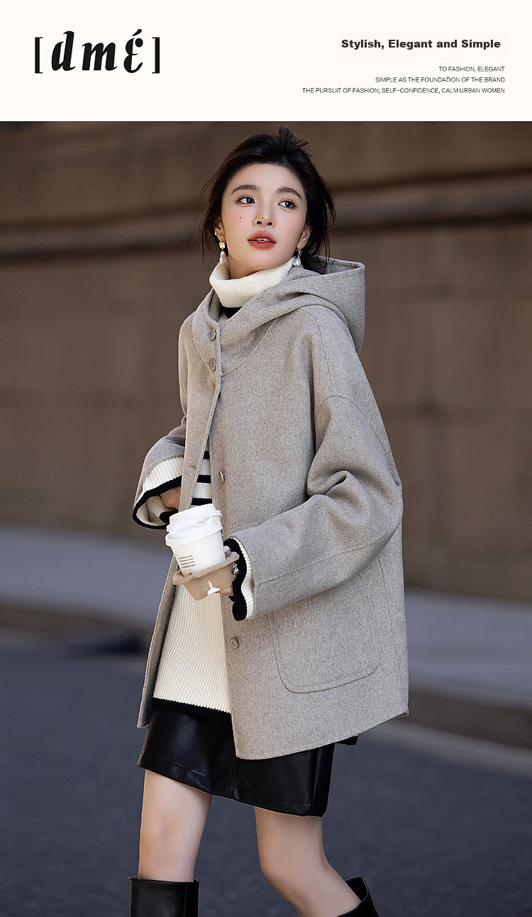 Dme [Stylish Top Student] Winter Light Retro Urban Hooded Merino Wool Double-Faced Velvet Elegant Concealing Women's Coat 1
