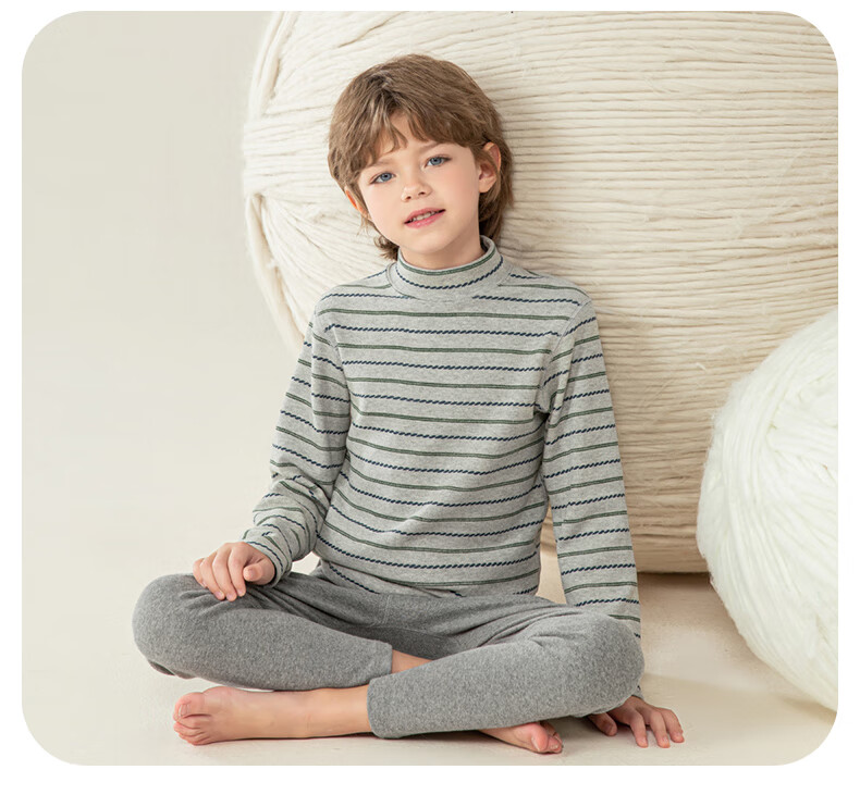YING BO LUN Children's Thermal Underwear Set Pure Cotton Sweater and Pants School Uniform Essential 81105 Heather Gray Stripes Size 160 20