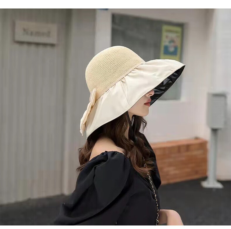 LangSha Sun Protection Hat for Women, Summer UV-Resistant Black Gel Wide Brim Sun Hat, Full Face Coverage Fisherman Hat, Apricot Color 6