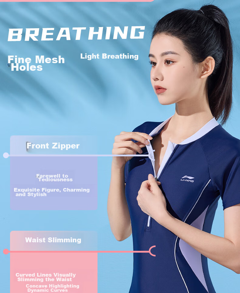 Li-Ning Women's Professional One-Piece Conservative Boyshort Swimsuit, Tummy-Covering Slimming Casual Training Hot Spring Swimwear, 473 Blue Purple 3XL 4