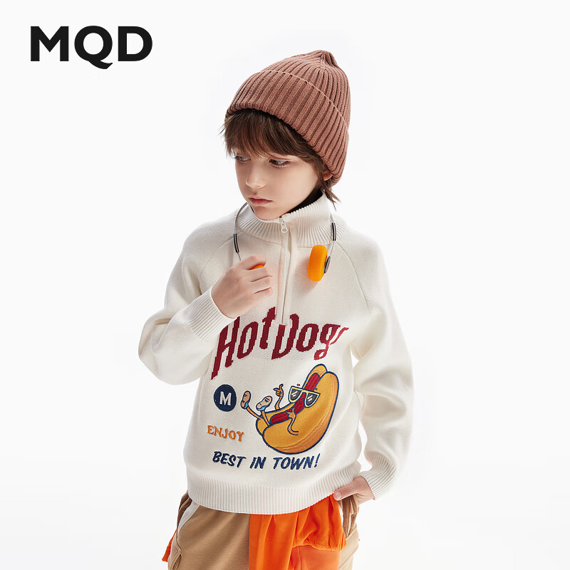 MQD Boys' Sweater, Autumn And Winter Style, Lapel Collar, Contrasting Color Knit Cardigan, Retro Academic Style, Warm Coat, Off-White, Size 110