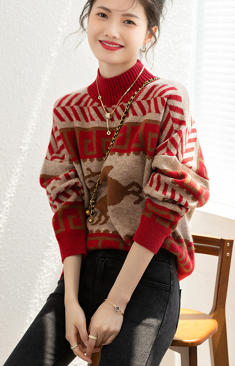 Dme [Vintage Filter] Autumn And Winter Rich Semi-Turtleneck Contrast Color Sweater, Flattering for Petite Women, Versatile Knitted Top 11