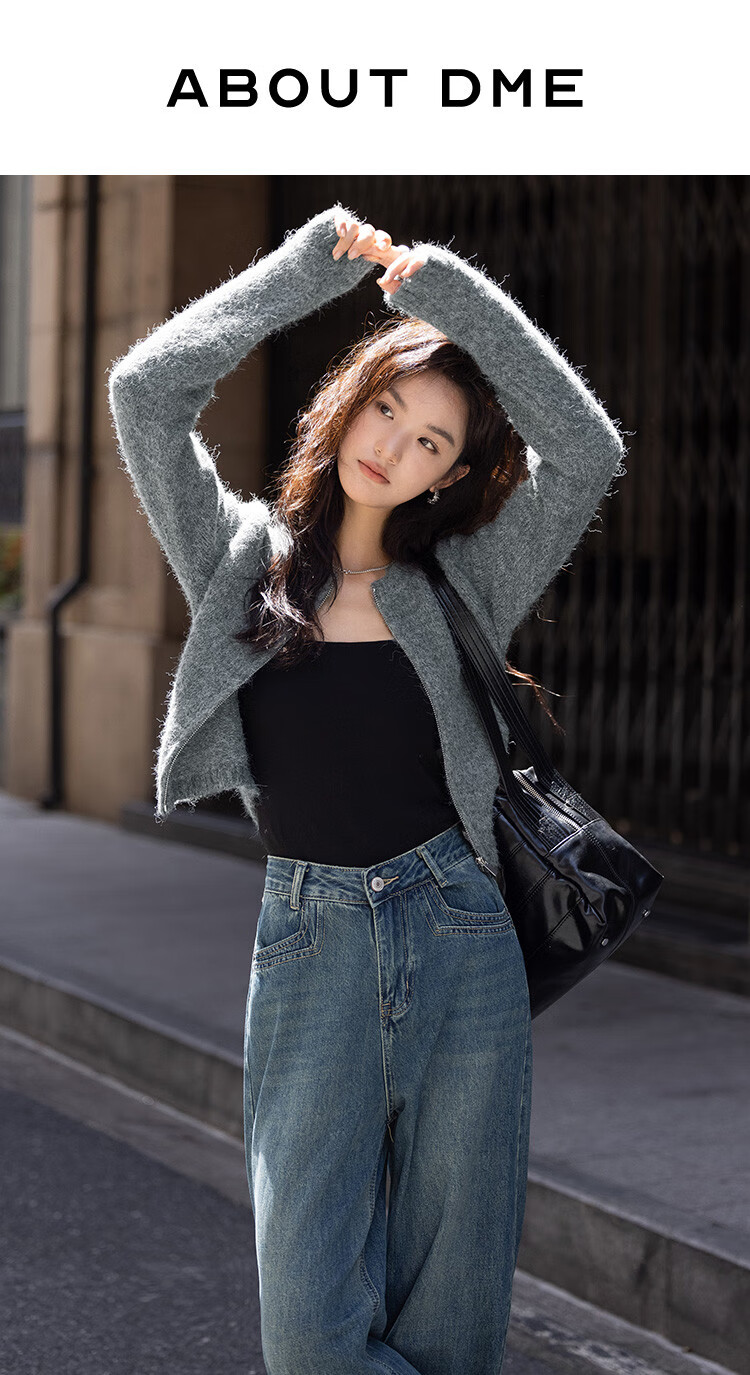 Dme [Gray Plush Knit Jacket] Autumn Round Neck Opening Placket Zipper Design Long-Sleeve Knit Sweater, Gray, S 1