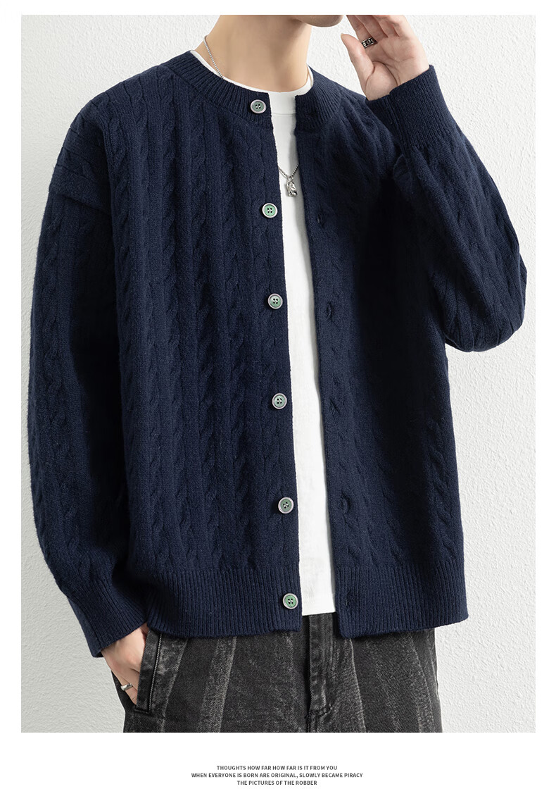ROMON Men's Knitted Cardigan Spring Autumn Casual Loose Drop Shoulder Sweater Round Neck Jacket Black M 7001 12