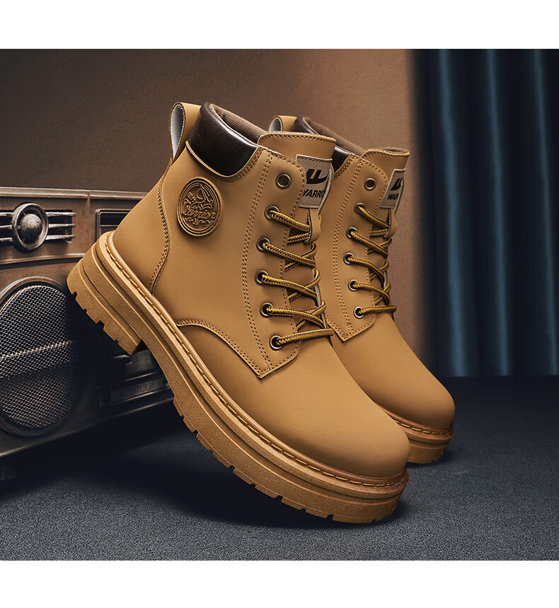 Huili Men's Shoes, 2025 Autumn And Winter New Style Men's Martin Boots, Workwear-Inspired Yellow Boots, High-Top Hiking Shoes, Black, Size 37 17
