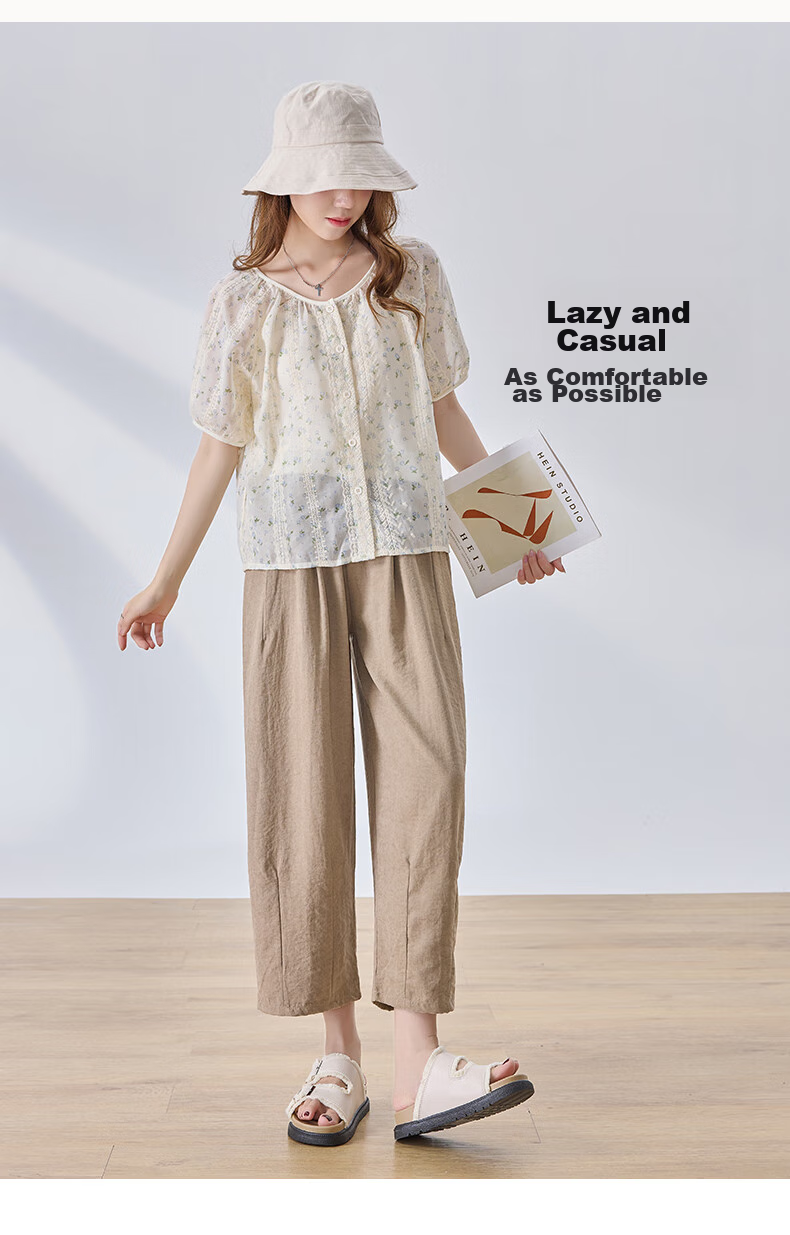 LangSha Lazy Summer Refreshing Cool Milk Puff Pants for Women, High-Waisted Thin Casual Versatile Wide-Leg Cropped Pants for Petite Figures 4