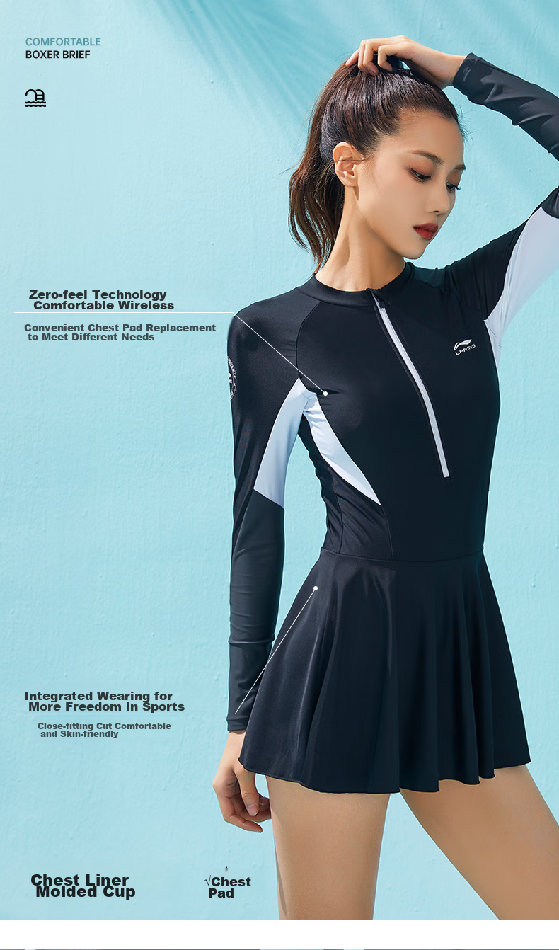 Li-Ning One-Piece Swimsuit for Women, Dress-Style with Color Block Design, Slimming Conservative Swimwear 087, Black And Gray, XXL 6