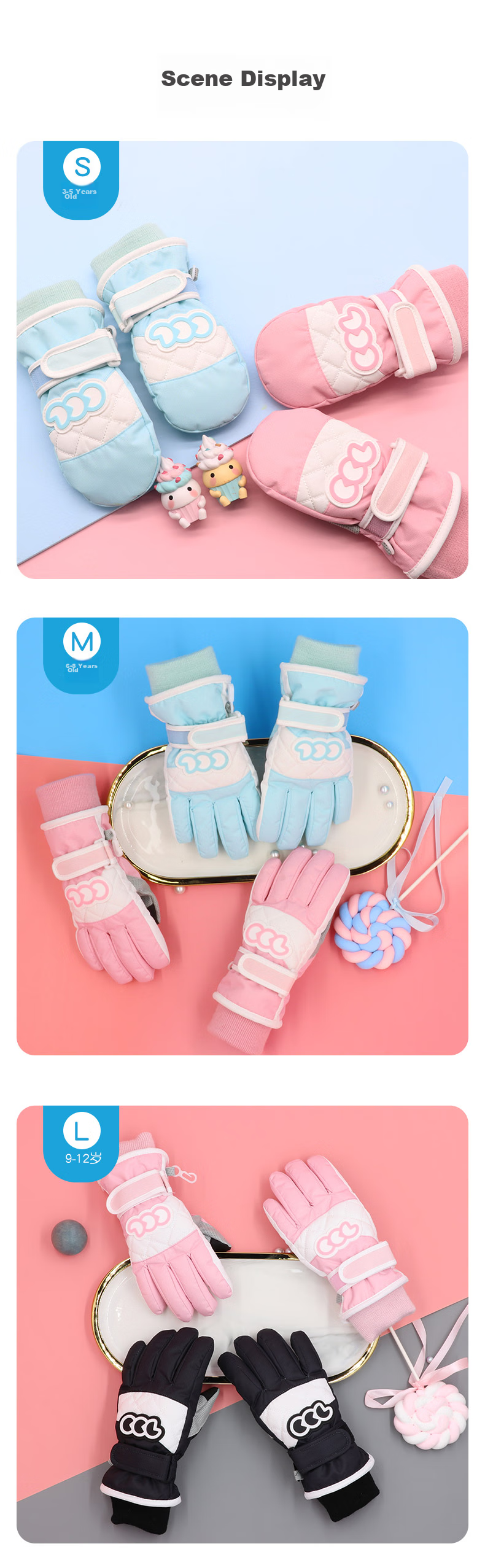 COCOLIC Children's Ski Gloves, Winter Cartoon Design, Fleece-Lined, Thickened Cotton, Warm, for Boys And Girls, CCL-201L01 10