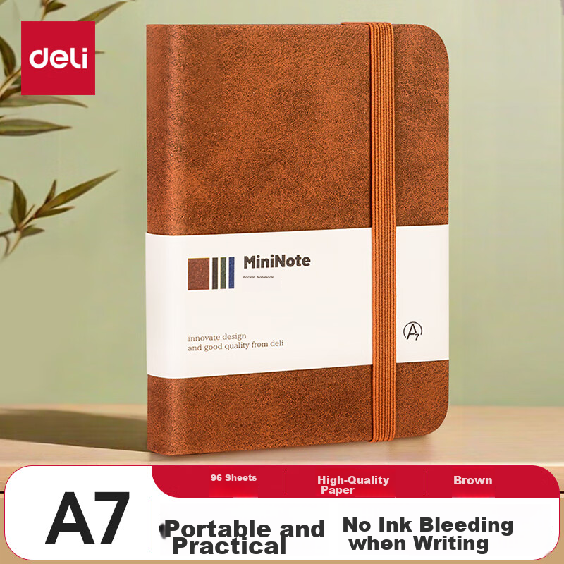 Deli A7/96 Sheets Portable Notebook, Creative Leather Cover, Pocket-Sized Mini Journal, Vocabulary Notebook, Planner, Brown BP119