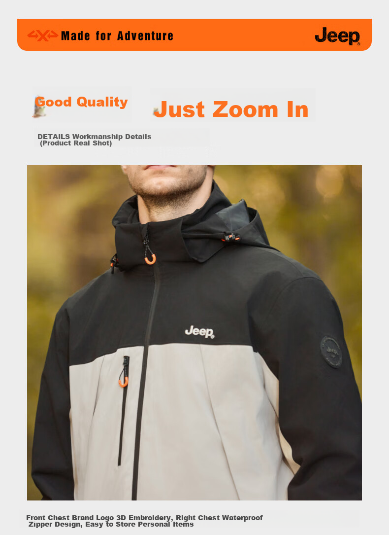 JEEP Windbreaker Jacket for Men And Women, Autumn And Winter Outdoor Three-In Windproof And Warm Mountaineering Coat, Vintage White, 3XL 11