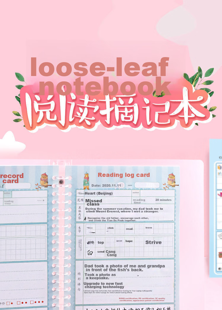 Yuhe A5 Reading Record Card Loose-Leaf Notebook for Elementary School Students, Extracurricular Reading Notes, After-Reading Reflection, Good Words And Sentences Registration Card, Record Card 100 Sheets + Loose-Leaf Cover 5175-A5 1