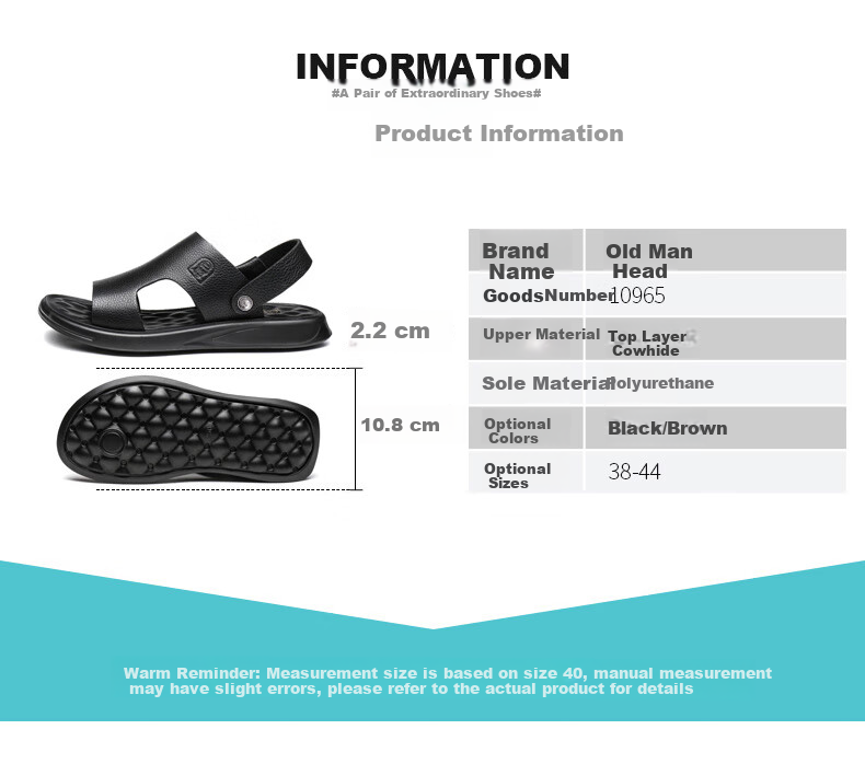 LAORENTOU Men's Sandals, Summer Top-Grain Leather Breathable Beach Versatile Casual Shoes Slippers Men's Footwear, 10965 Black 41 13