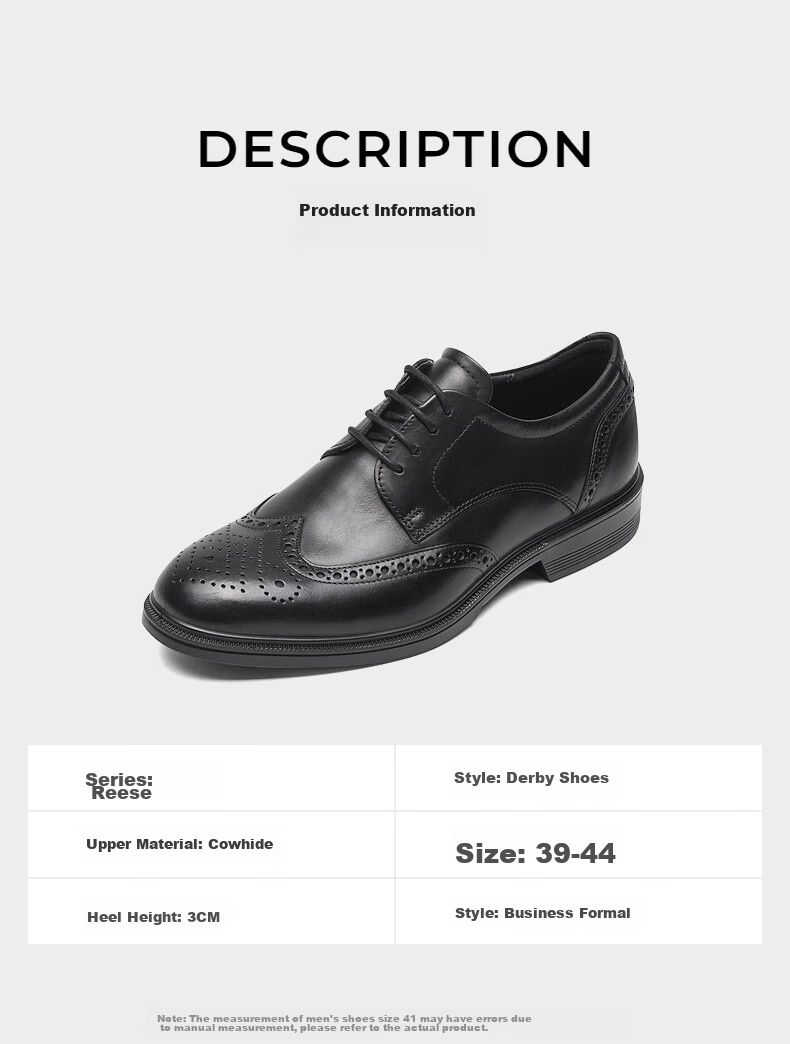 ECCO Formal Leather Shoes for Men, Height-Increasing Brogue Carved Cowhide Derby Shoes, Lisi 622164, Black, Size 42 10