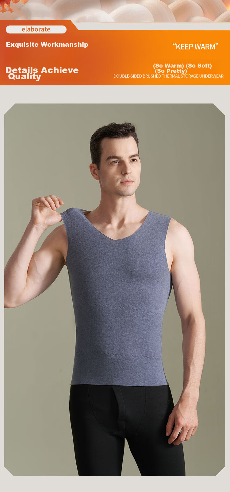Hengyuanxiang [Contains Silk] Men's Thermal Vest, German Velvet Undershirt, Seamless Underwear, Autumn And Winter, Gray 9