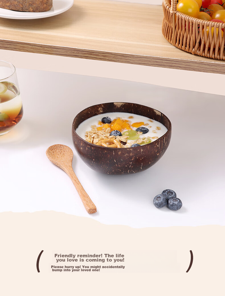 BJ Yogurt Bowl with Spoon, Wooden Dessert Fruit Salad Bowl for Home Breakfast Oatmeal, Natural Coconut Shell Bowl 10
