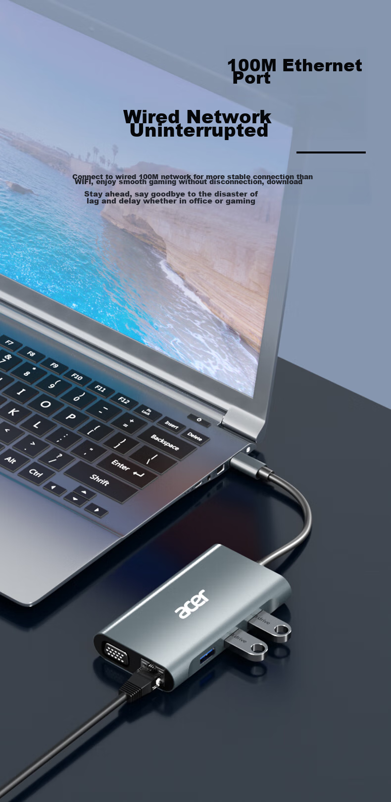 Acer Type-C 7-In Expansion Dock USB Hub HDMI/VGA/LAN Port Compatible with Laptops MacBook, Huawei Adapter Converter 11