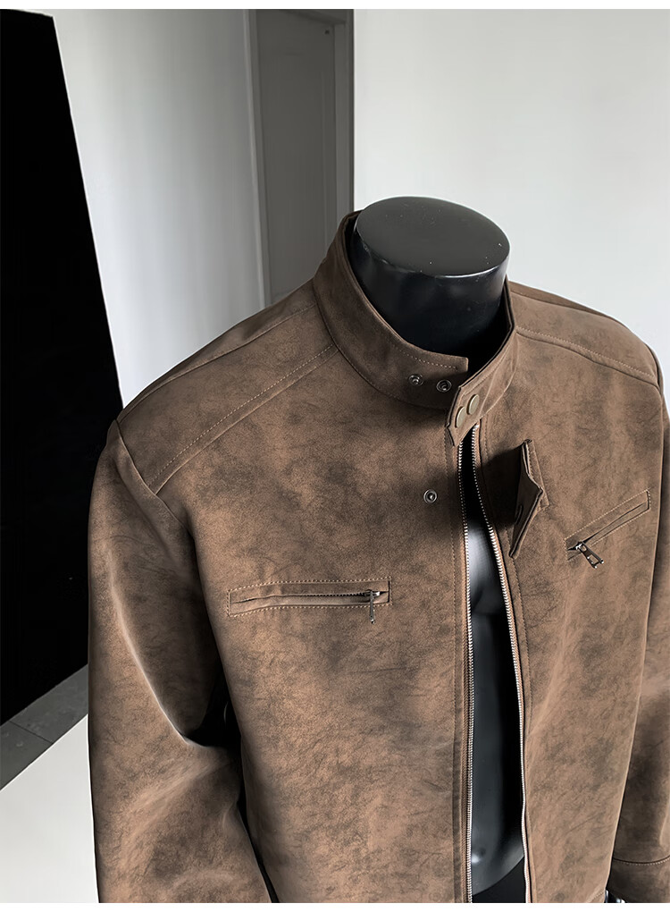 IZEXX Men's American Style Tie-Dye Jacket Autumn Winter Stand Collar Trendy Shoulder Motorcycle Leather Jacket ZGJ58 Black XL 12