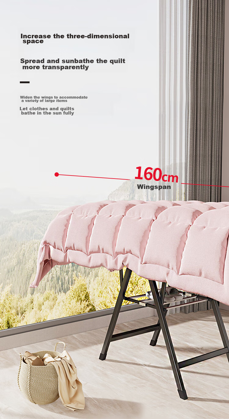 QIAONAMEI Clothes Drying Rack, Floor-Standing Foldable Hanger, Indoor Drying Pole, Balcony Quilt Drying Tool, Clothes Rack 4147BK 6