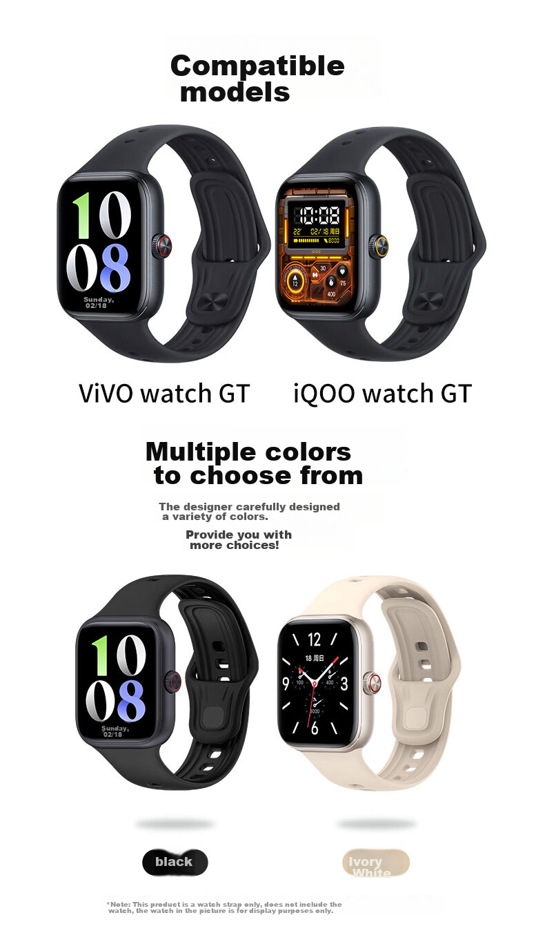 KMaxAI Compatible Silicone Watch Band for Vivo/iQOO WATCH GT, Sports Watch Strap, Fresh Replacement Wristband, Soft Dopamine Smart Bracelet Band, Black 2