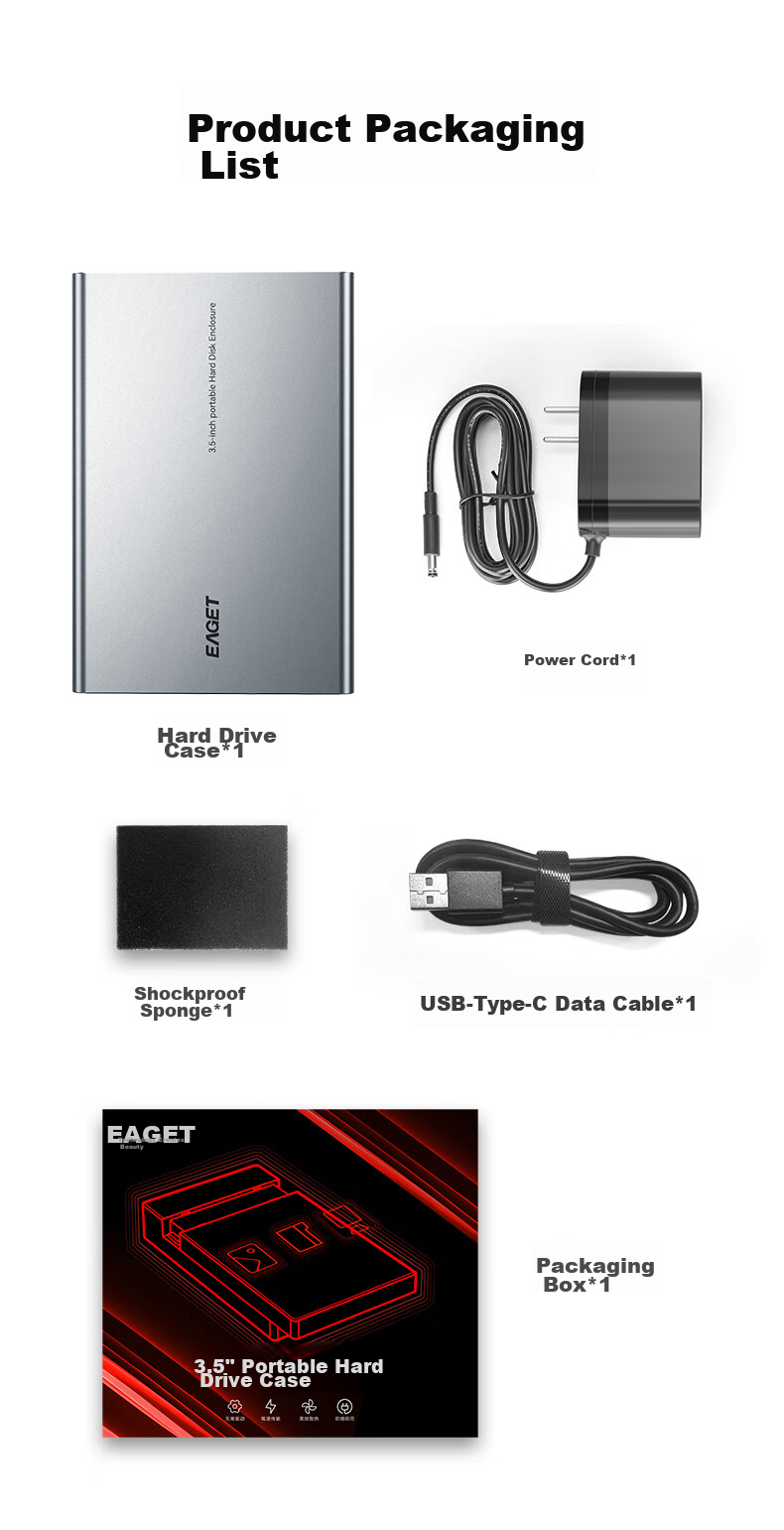 EAGET Type-C3.1 External Hard Drive Enclosure, 2.5/3.5 Inch, for Laptops And Desktops, SATA SSD/HDD Compatible, All-Aluminum Alloy, E351C 16