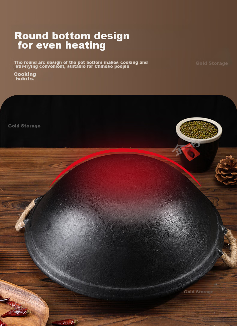 Jincun Cast Iron Wok, Uncoated Stir-Fry Pan, Stew Pot, Non-Stick, Home Use, Round Bottom, Double Handles, Authentic Raw Iron, 38cm 5