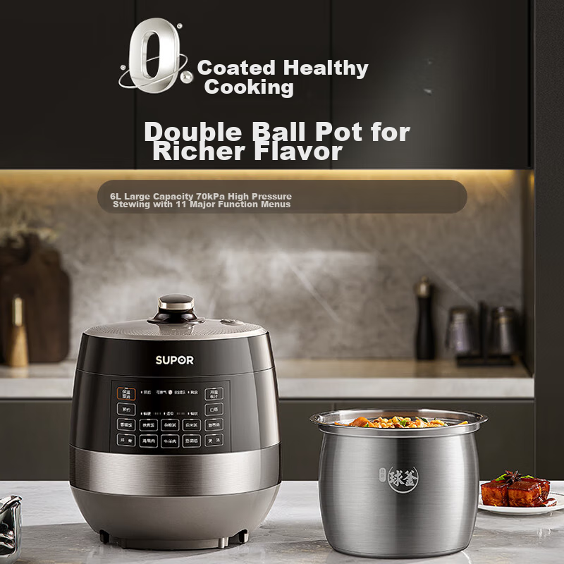 SUPOR 0 Coating Ball Pot Electric Pressure Cooker, 6L Double Inner Pot, Fully Automatic Intelligent Reservation, Home Use, SY-60YC6011Q Rice Cooker High-Pressure Cooker for 6-8 People