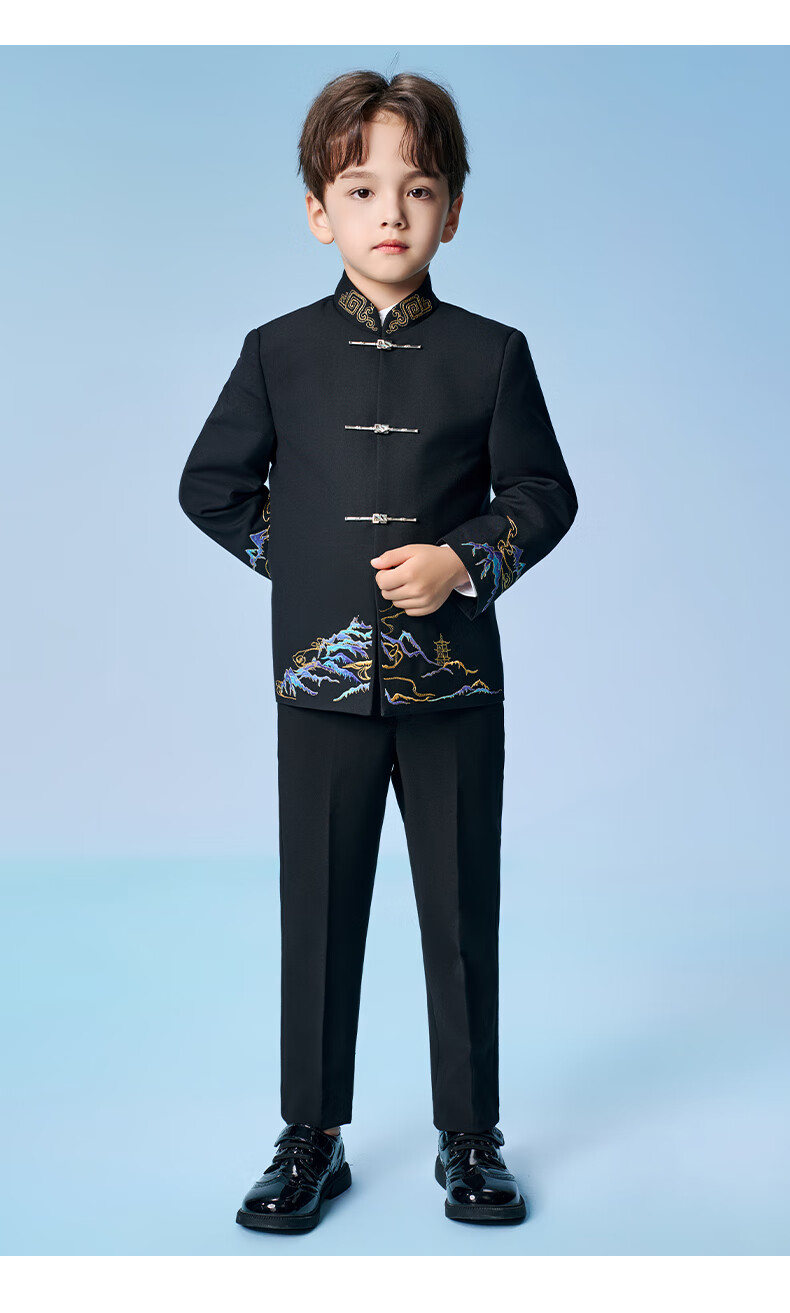 Romon Boys' Zhongshan Suit Set Traditional Chinese Style New Chinese Style Children's Host Performance Suit Black 170 14