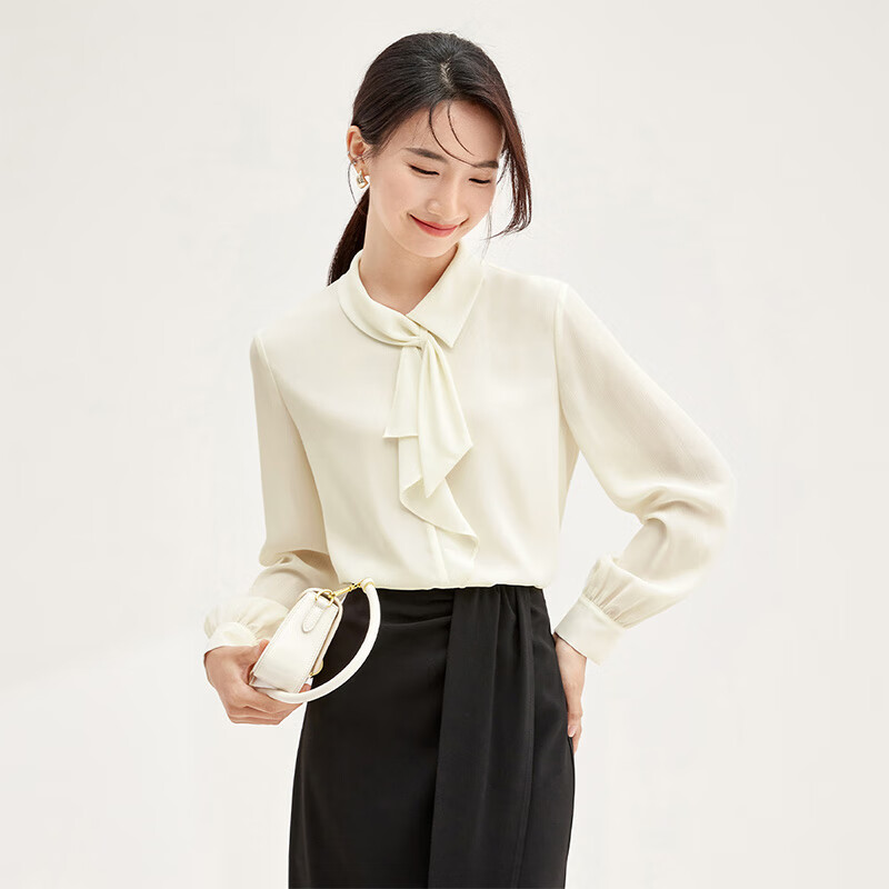 Sentubila Elegant Ribbon Blouse for Women, Spring Women's Wear, Light And Fashionable Long-Sleeve Chiffon Blouse, Versatile Commuter Top