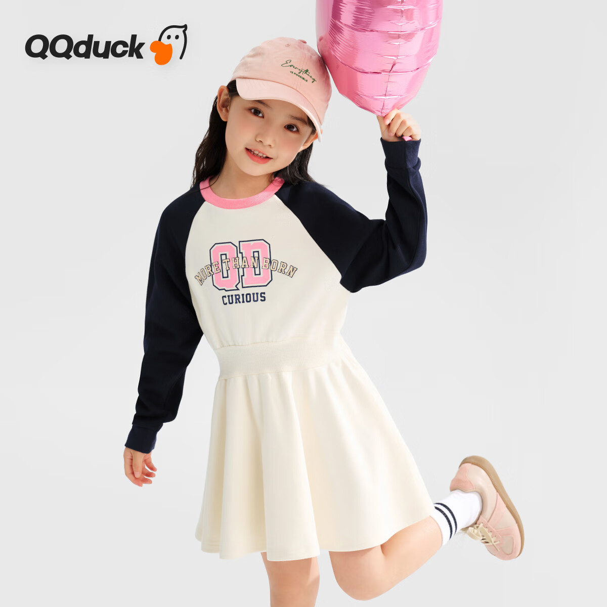 QQ DUCK Children's Clothing Girls' Dress Sports Preppy Style Youth Waist-Cinching Dress Navy Blue; Size 140