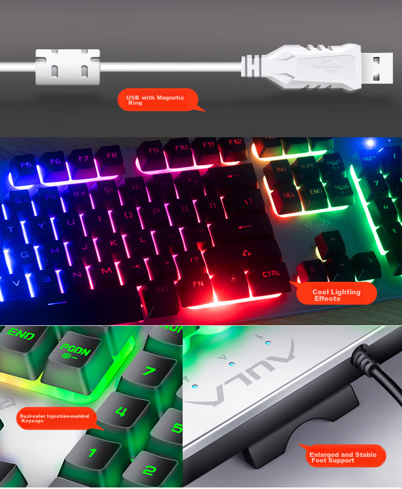 AULA T101 Mechanical Feel Keyboard And Mouse Set, Wired 104-Key Keyboard And Mouse Combo, Gaming And Office Computer Keyboard Mixed Light Eating Chicken Set, Metal Panel Silver White 5