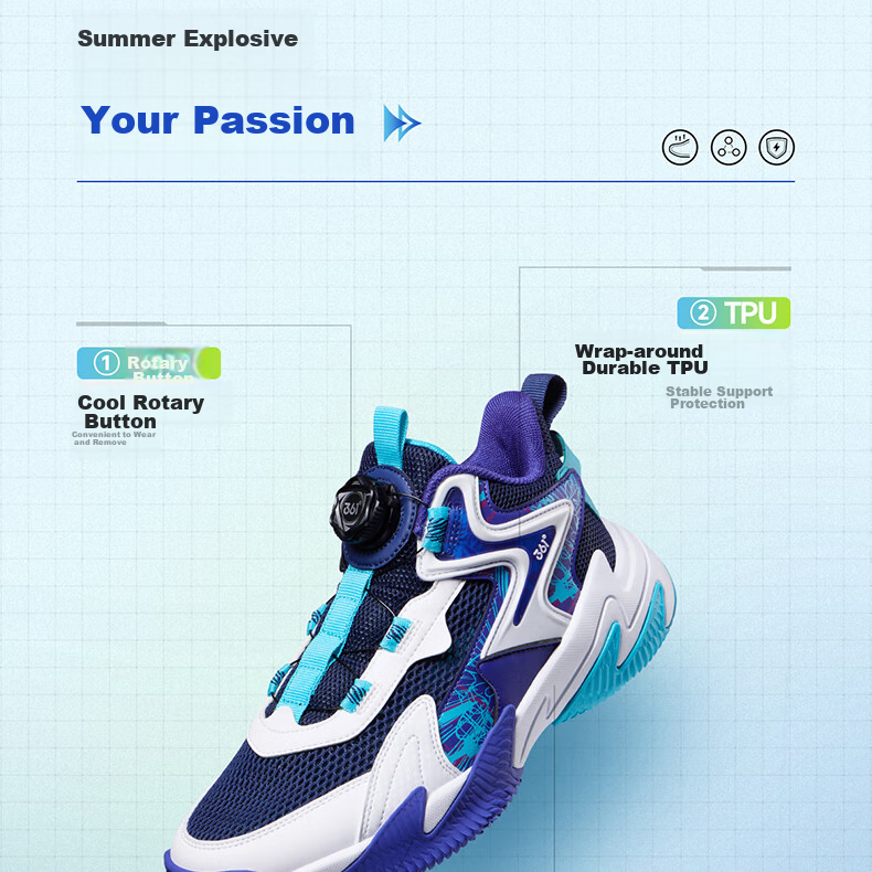361° Children's Sports Shoes, All-Season Youth Basketball Shoes with Durable Rotating Buckle, Blue, Size 40 15