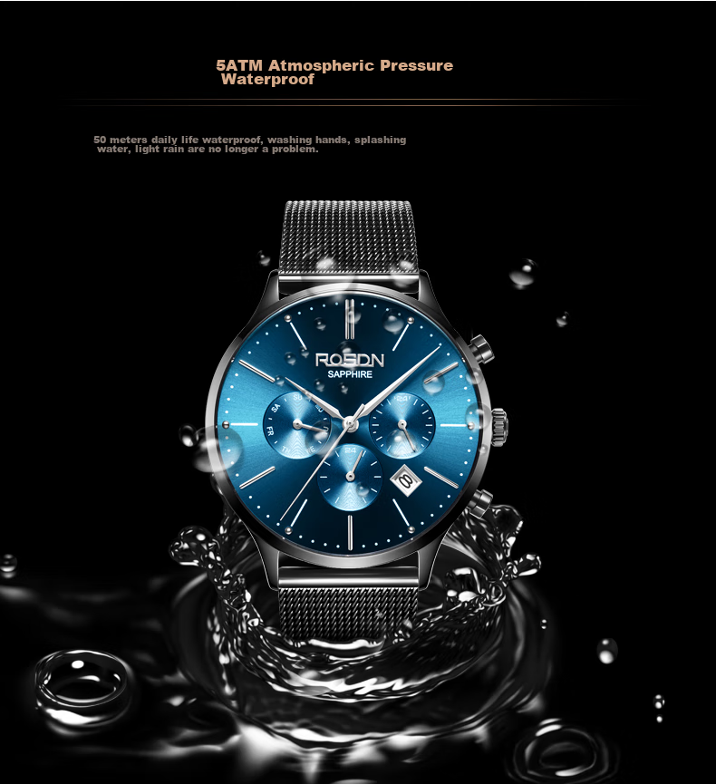 ROSDN True Diamond Series Classic Versatile Men's Waterproof Watch Top Brand Birthday Gift for Boyfriend 5