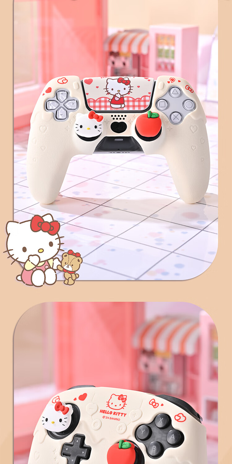 Jixiang Switch PRO Controller Protective Case, Hello Kitty NS PRO Silicone Cover + Joystick Cap, Non-Slip And Sweat-Resistant Soft Shell, Cute Cartoon Design, Game Console Accessory 2