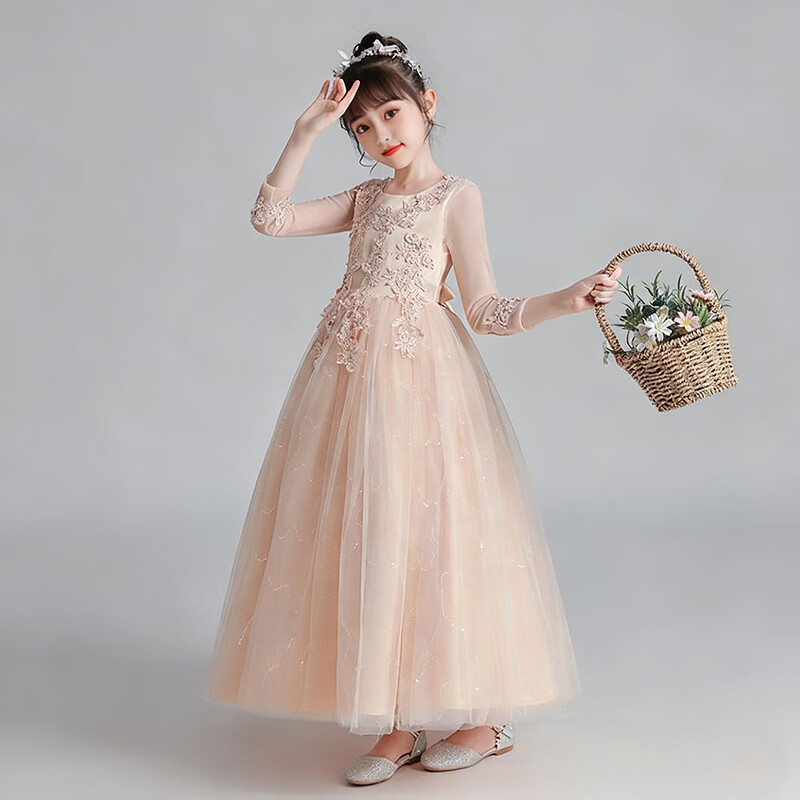 Carfit Girls' Princess Long Dress Birthday Party Piano Performance Gown 150 Champagne Color
