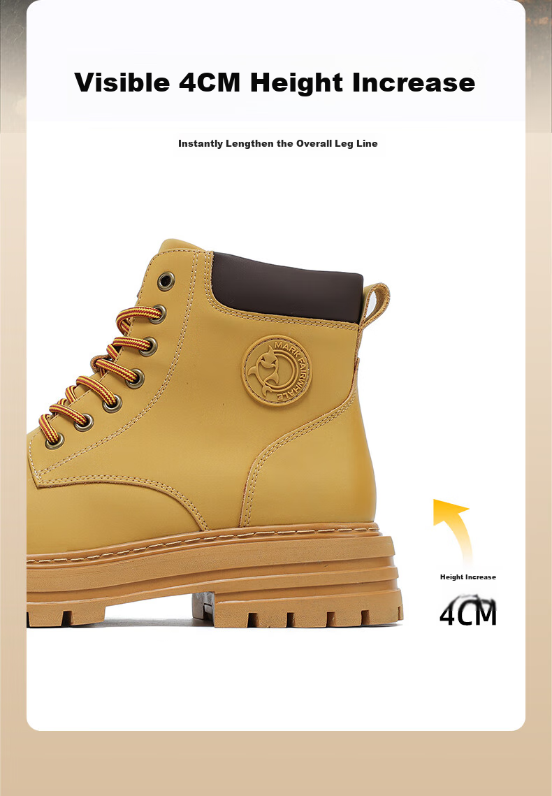 MARK FAIRWHALE Men's New Martin Boots, All-Season Style, Cotton Shoes, Thickened Heightening Work Boots, Motorcycle Men's Shoes, Ginger Yellow, Size 43 8