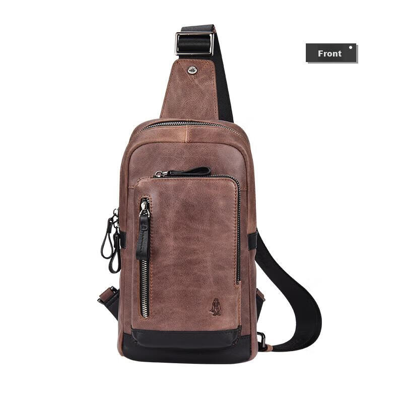 Hush Puppies Crossbody Bag for Men, Niche Design Chest Pack, Casual Retro Genuine Leather Shoulder Bag, Sports Shoulder Bag, Coffee Color 11