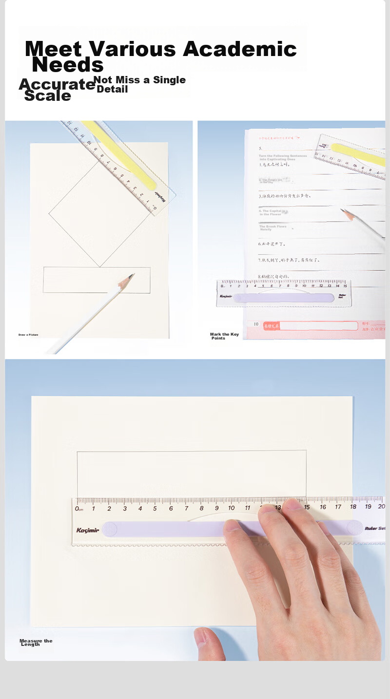 Kasimir Non-Slip Transparent Ruler Set, Multifunctional Geometric Drawing Tool for Primary And Middle School Students, Specially Designed for First And Second Graders, Learning Supplies, Student Stationery, 15cm*3 6